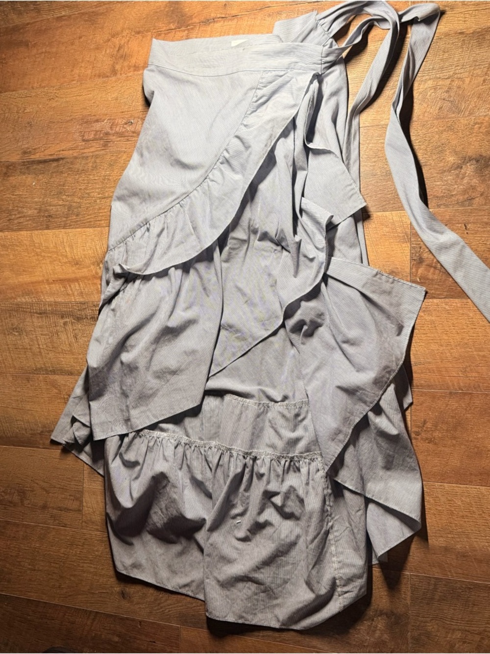 New York & Company Light Blue Seer Sucker Tiered Wrap Midi Skirt with Side Bow